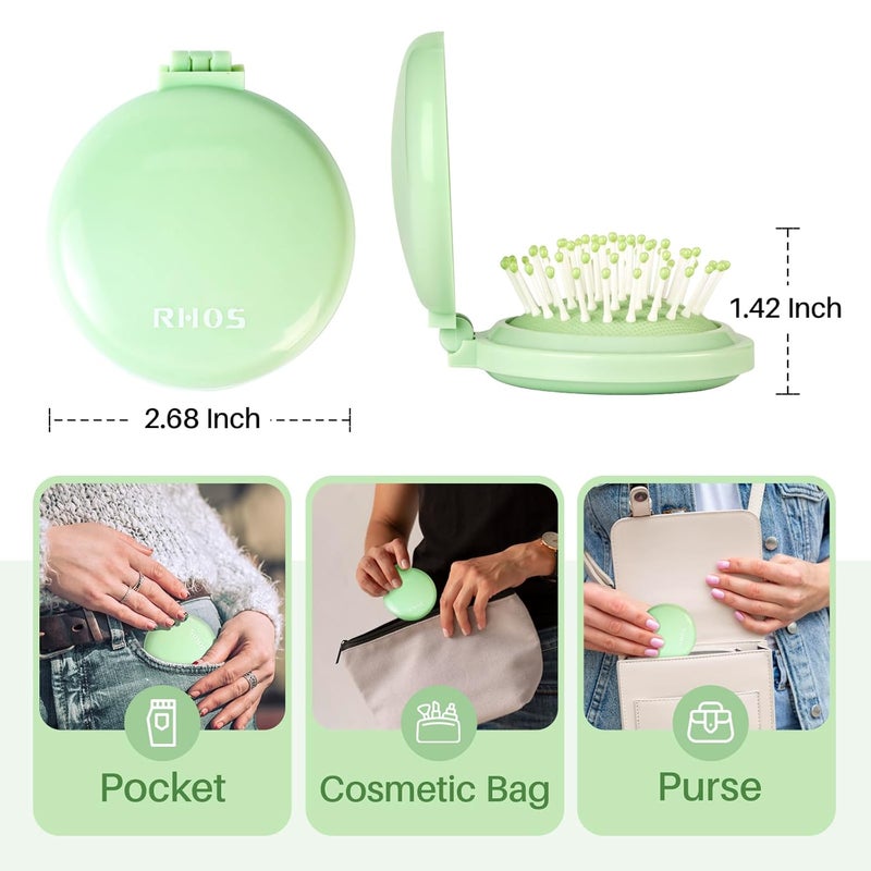 RHOS Folding Brush with Mirror - Compact, Portable and Foldable for Travel, Suitable for Women, Men, and Kids (Green) - Image 2